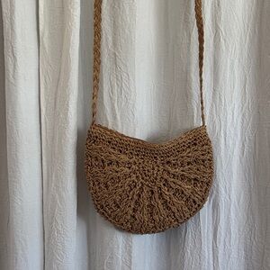 Handwoven Brown Straw Crossbody Bag